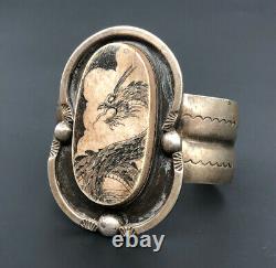 Massive Vtg 1940's Navajo Ingot Sterling Silver Stamped Wide Cuff Bracelet