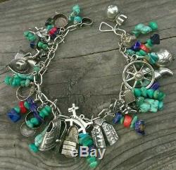 NATIVE AMERICAN Sterling Silver Turquoise/LapisCoral FRED HARVEY Charm Bracelet