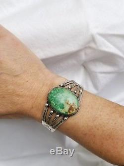 NAVAJO Fred Harvey Green TURQUOISE Cuff Bracelet Stamped Arrows Sterling Silver