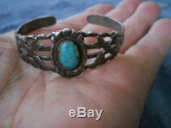 Native American Fred Harvey Era Turquoise Stamped Sterling Silver Cuff Bracelet