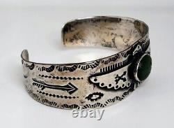 Native American Fred Harvey Sterling Green Turquoise Thunderbird Cuff Bracelet