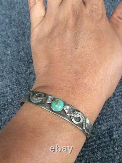 Native American Fred Harvey era Silver Snake Stamp Whirling turquoise bracelet