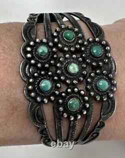 Native American Sterling Silver Fred Harvey Era Green Turquoise Cuff Bracelet