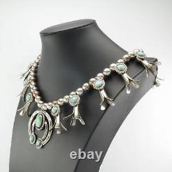 Native American Sterling Silver Turquoise Fred Harvey Necklace Squash Blossom