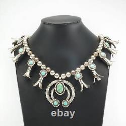 Native American Sterling Silver Turquoise Fred Harvey Necklace Squash Blossom
