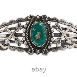 Native Fred Harvey Sterling Turquoise Thunderbird & Arrows Cuff Bracelet 6.75