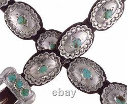 Native Navajo Old Fred Harvey Style Stamped Silver Turquoise Concho Concha Belt
