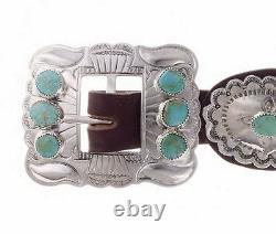 Native Navajo Old Fred Harvey Style Stamped Silver Turquoise Concho Concha Belt