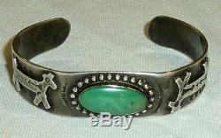 Navajo 1940 Fred Harvey Era Sterling Silver Green Turquoise Dog Horse Snake Cuff