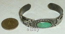 Navajo 1940 Fred Harvey Era Sterling Silver Green Turquoise Dog Horse Snake Cuff