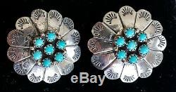 Navajo Concho Earrings Old Pawn Fred Harvey Era Stamped Turquoise Coin Silver