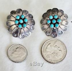Navajo Concho Earrings Old Pawn Fred Harvey Era Stamped Turquoise Coin Silver