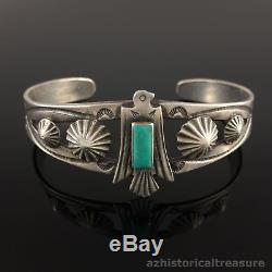 Navajo Fred Harvey Era Coin Silver & Turquoise Thunderbird Cuff Bracelet
