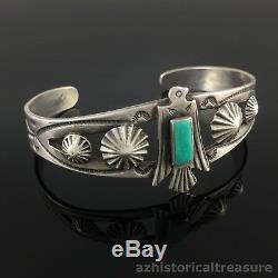 Navajo Fred Harvey Era Coin Silver & Turquoise Thunderbird Cuff Bracelet