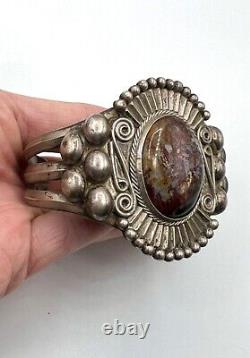 Navajo Fred Harvey Era Heavy Sterling Silver Petrified Wood Cuff Bracelet 7