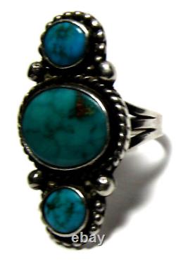 Navajo Fred Harvey Era Old Pawn 3 Stone Turquoise Ring Silver Native American s7