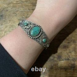 Navajo Fred Harvey Era Stamped Silver and Turquoise Bracelet with Thunderbird