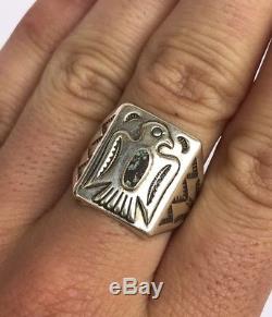 Navajo Fred Harvey Era Thunderbird Turquoise Stamped Sterling Silver Ring Sz 10