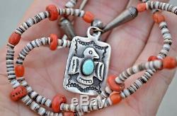 Navajo Fred Harvey Style Silver Turquoise Thunderbird Fob Necklace Heishi Coral