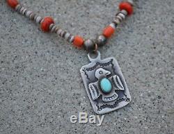 Navajo Fred Harvey Style Silver Turquoise Thunderbird Fob Necklace Heishi Coral