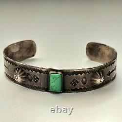 Navajo Fred Harvey Style Swastika TURQUOISE Silver Cuff Bracelet 1920s-1940s