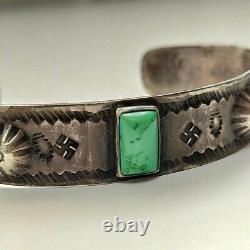 Navajo Fred Harvey Style Swastika TURQUOISE Silver Cuff Bracelet 1920s-1940s