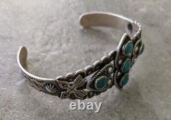 Navajo Old Fred Harvey Era Sterling Turquoise Stamped Hearts Arrow Cuff Bracelet