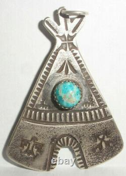 Navajo Old Pawn Fred Harvey Sterling Silver Turquoise Teepee Thunderbird Pendant