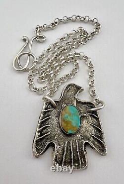 Navajo Sandcast Sterling Silver Royston Turquoise Thunderbird Pendant Necklace