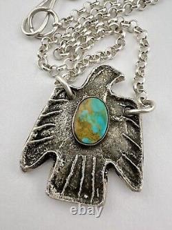 Navajo Sandcast Sterling Silver Royston Turquoise Thunderbird Pendant Necklace