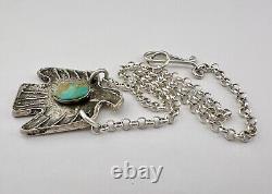 Navajo Sandcast Sterling Silver Royston Turquoise Thunderbird Pendant Necklace