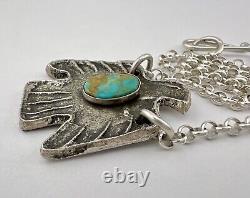 Navajo Sandcast Sterling Silver Royston Turquoise Thunderbird Pendant Necklace