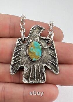 Navajo Sandcast Sterling Silver Royston Turquoise Thunderbird Pendant Necklace