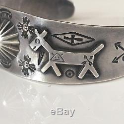 Navajo Silver Ingot Bracelet Vintage 1930's Fred Harvey Repousse Dogs Sun Arrows