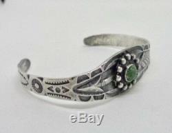 Navajo Sterling Silver Fred Harvey Era Green Turquoise Stamped Cuff Bracelet