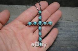 Navajo VTG Old Pawn Turquoise Cluster Cross Pendant Fred Harvey Era Coin Silver