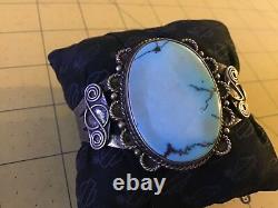 Navajo Vintage Old Pawn Lake turquoise Cuff Bracelet Fred Harvey Era Coin Silver
