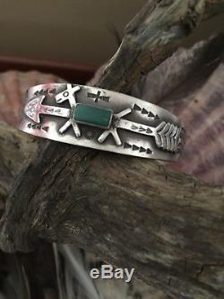 OLD Fred Harvey Navajo Coin Silver Green Turquoise Arrow Horse Dog Bracelet