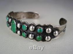OLD Fred Harvey era STAMPED IH COIN SILVER & 9 GREEN TURQUOISE ROW BRACELET
