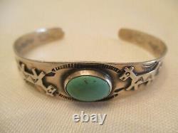 OLD PAWN Fred Harvey VINTAGE Sterling Silver & TURQUOISE Stamped CUFF BRACELET
