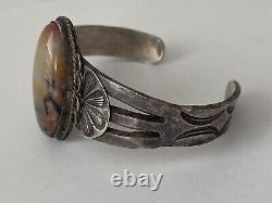 Old 1940's Fred Harvey Navajo Agate Petrified Wood Sterling Silver Cuff Bracelet