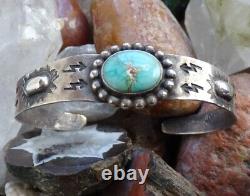 Old 1940s Fred Harvey Era Navajo Turquoise Sterling Cuff Bracelet Stamped 6 3/4