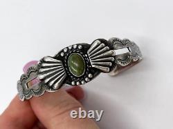 Old Fred Harvey Era Green Turquoise Cuff Bracelet Stamped IH Coin Silver Navajo