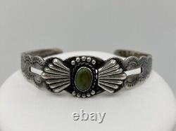 Old Fred Harvey Era Green Turquoise Cuff Bracelet Stamped IH Coin Silver Navajo