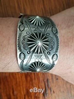 Old Fred Harvey Era Hand Stamped Repousse Conchos Coin Silver Cuff Bracelet