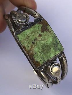 Old Fred Harvey Era Navajo Green GASPITE Sterling Silver Stamped Cuff Bracelet
