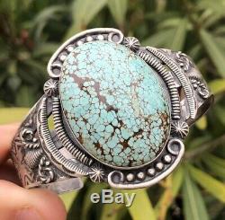 Old Fred Harvey Era Navajo Number #8 Turquoise Sterling Silver Cuff Bracelet