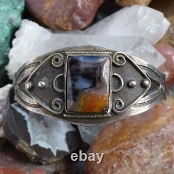 Old Fred Harvey Era Navajo Petrified Wood Cuff Bracelet Handmade Stamp Decorated