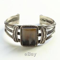 Old Fred Harvey Era Navajo Petrified Wood Cuff Bracelet Stamp Decorated Sterling