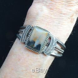 Old Fred Harvey Era Navajo Petrified Wood Cuff Bracelet Stamp Decorated Sterling